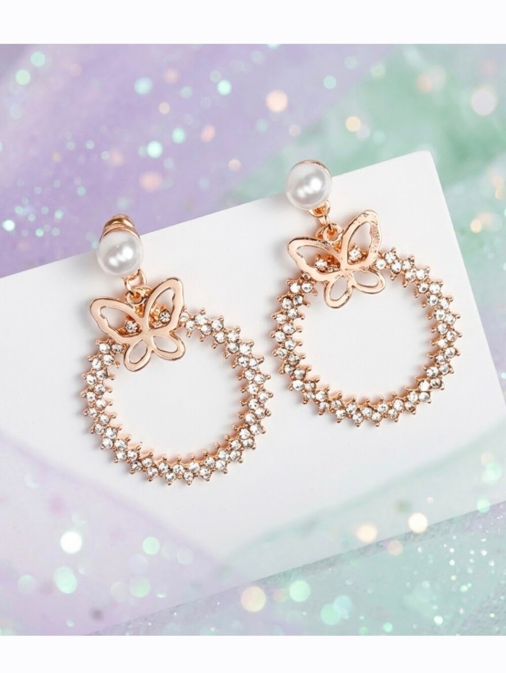 Gold Crystal Circle Butterfly Earrings